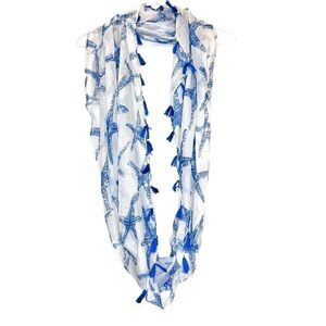 Francesca’s Starfish Print Tassel Gauzy Lightweight Infinity Scarf White Blue OS